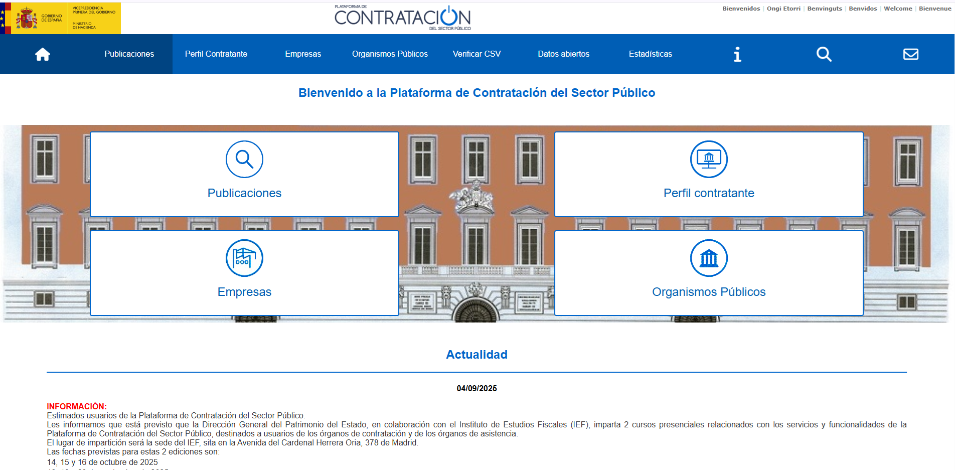 Pantalla de la Plataforma de Contratación del Sector Público; licitaciones y perfil del contratante en España